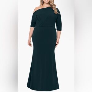 Betsy & Adam Navy One-Shoulder Scuba Crepe Gown 18W NWT